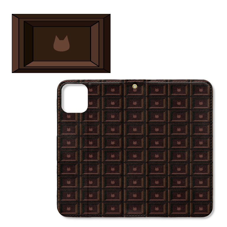 可愛い猫柄のチョコレート 板チョコ風iPhoneケース 手帳型スマホケース ベルトなし ビターチョコ/ロゴなしver.