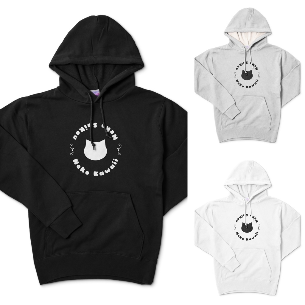 猫かわいい！猫最高！シンプルデザインの猫柄プルオーバーパーカー - ブラック/グレー/ホワイト