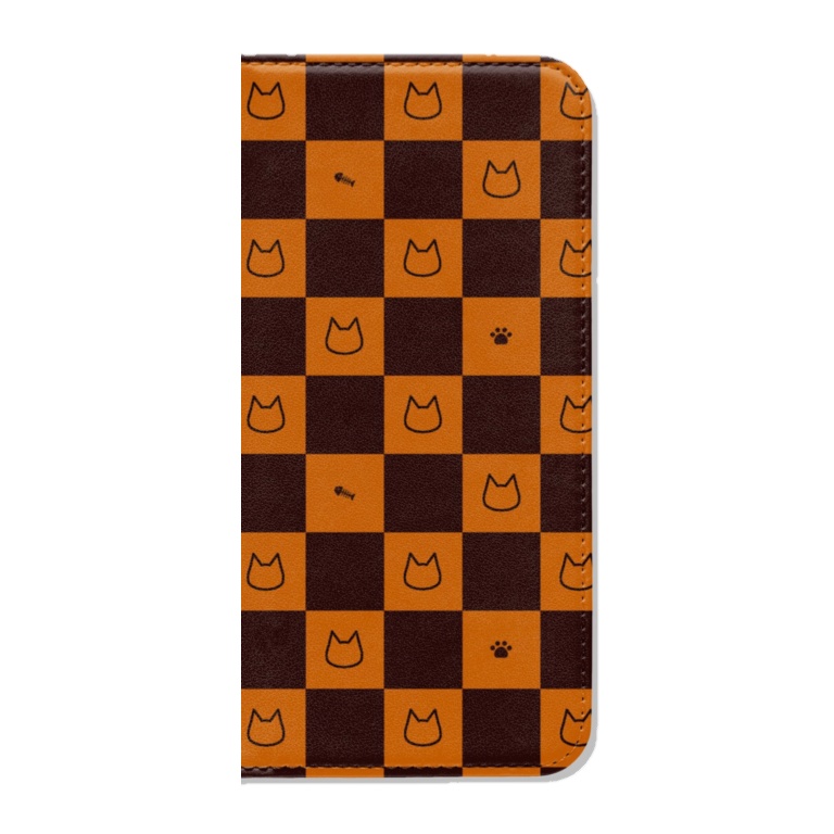 市松猫柄の和風な手帳型iPhoneケース ベルトなし - チョコキャラメル