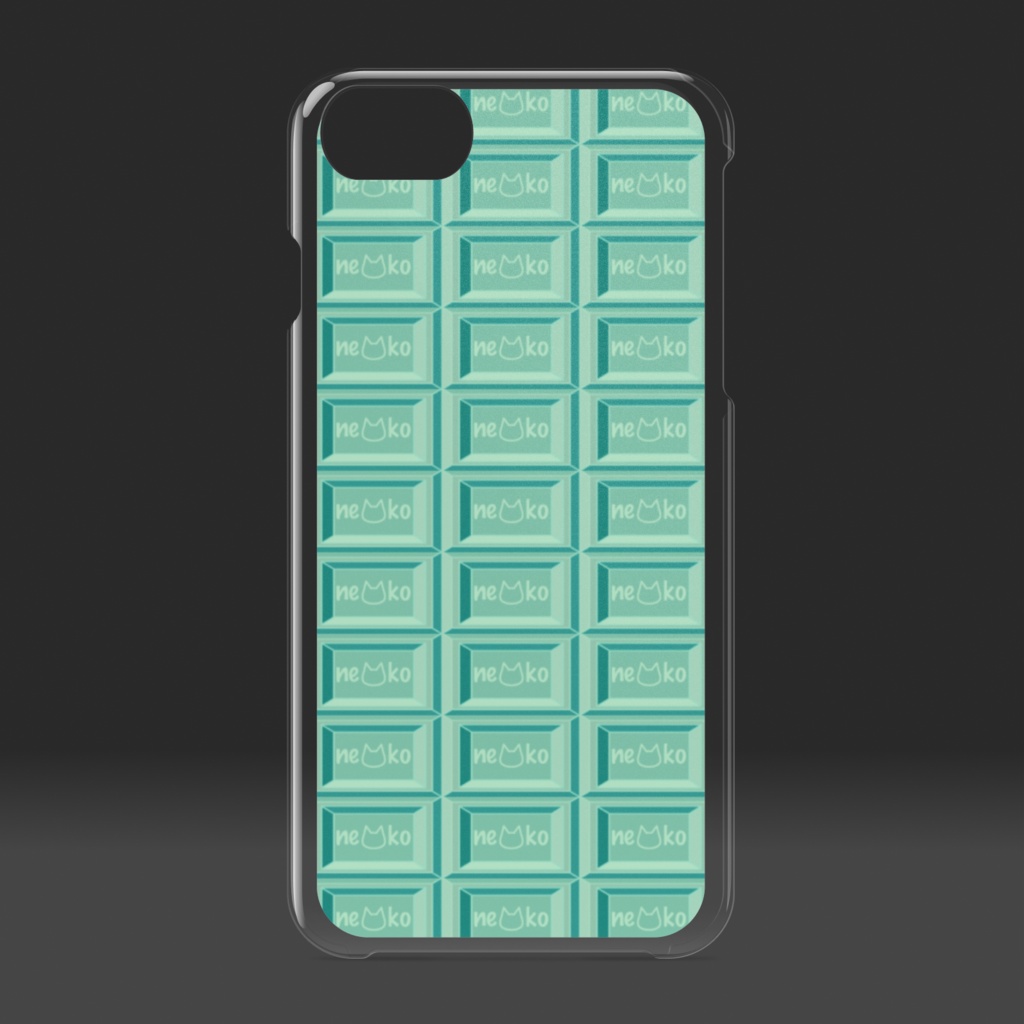 猫の模様が入ったミントチョコレート 板チョコ風クリアiPhoneケース - ロゴあり