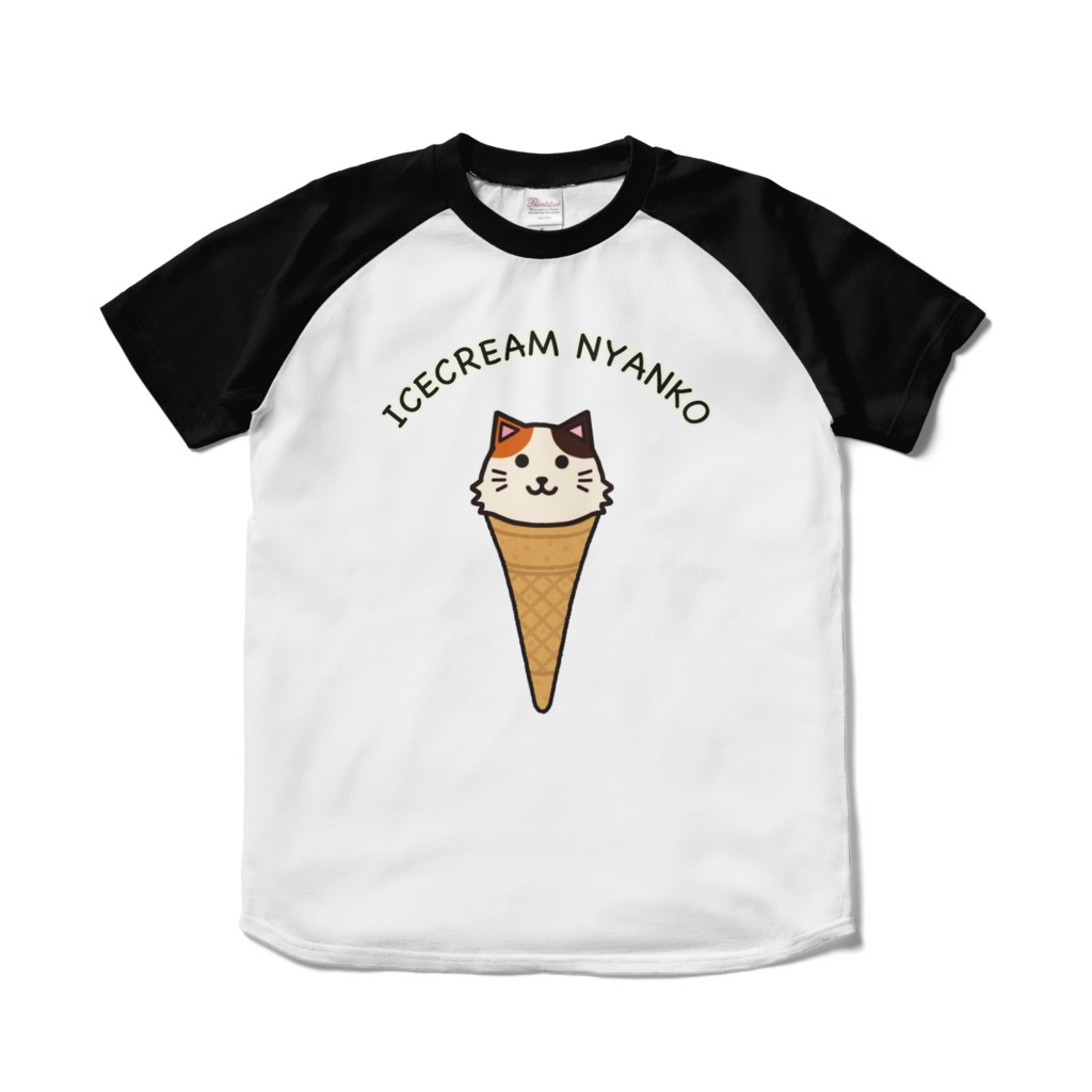 アイスクリームにゃんこラグランTシャツ ホワイト×ブラック