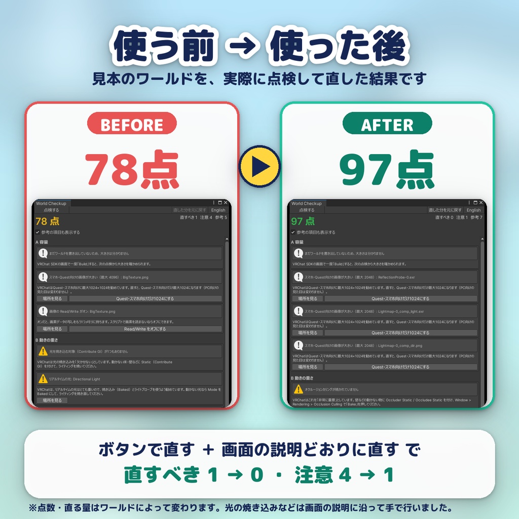【VRChatワールド】Quest対応・軽量化チェック アップロード前の健康診断ツール「World Checkup」容量・重さ・設定ミスを100点満点で採点