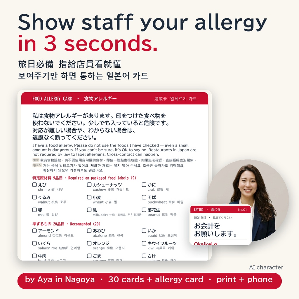 Japan Travel Phrase Cards PDF | Allergy Card, Restaurant & Train | Show-the-Staff Flashcards | EN/繁中/한국어