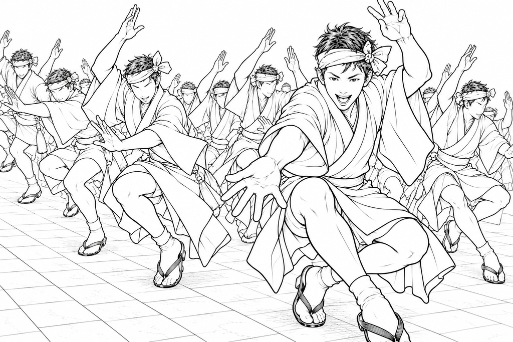 塗り絵で旅する日本｜阿波踊り・男踊り【印刷用PDF】