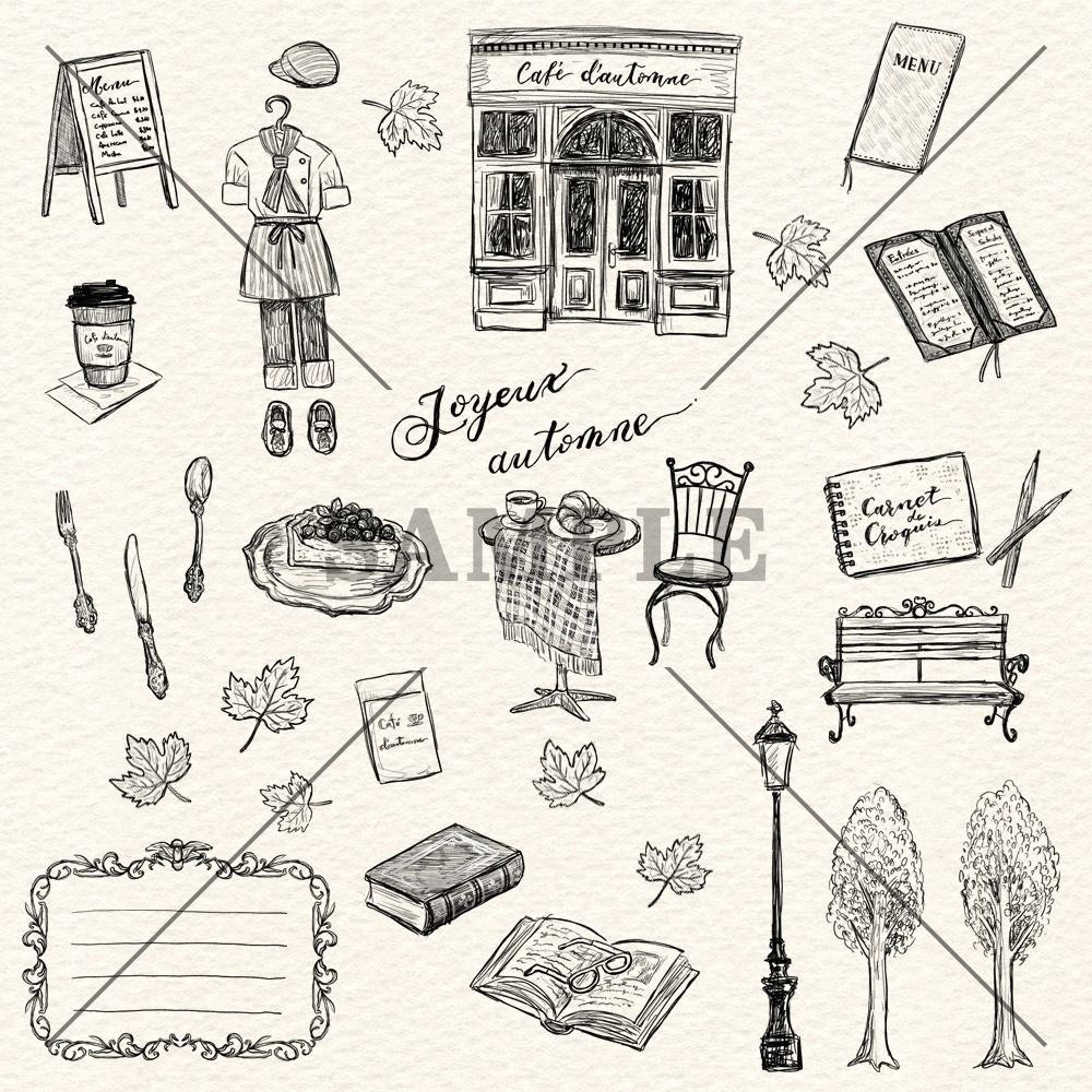 コラージュ素材セット|秋風そよぐカフェテラスで