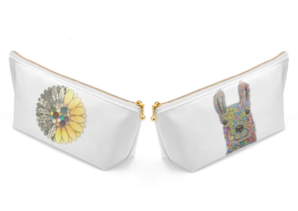 ひまわりとZentangle &不思議な世界にいるラマ 両面ポーチ