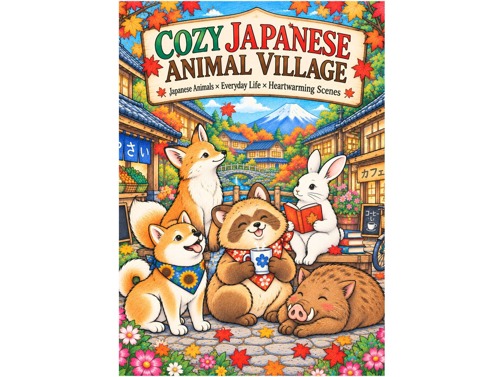 COZY JAPANESE ANIMAL VILLAGE｜日本の動物たちの塗り絵集｜大人向けA4 PDF・24枚