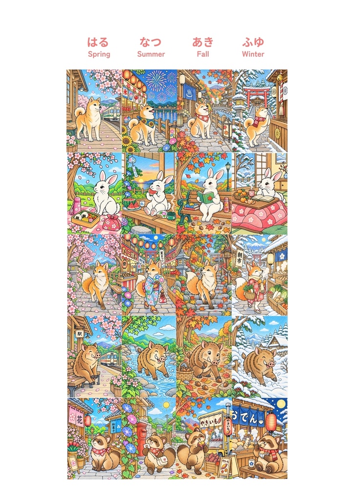 COZY JAPANESE ANIMAL VILLAGE|日本の動物たちの塗り絵集|大人向けA4 PDF・24枚