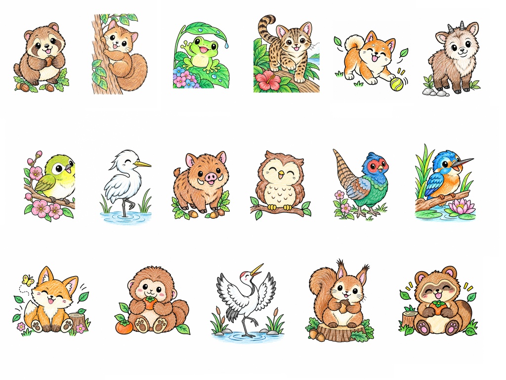 Japanese Animal Coloring Pages, 24 Printable Coloring Sheets for Kids, Cute Wildlife, Digital Download