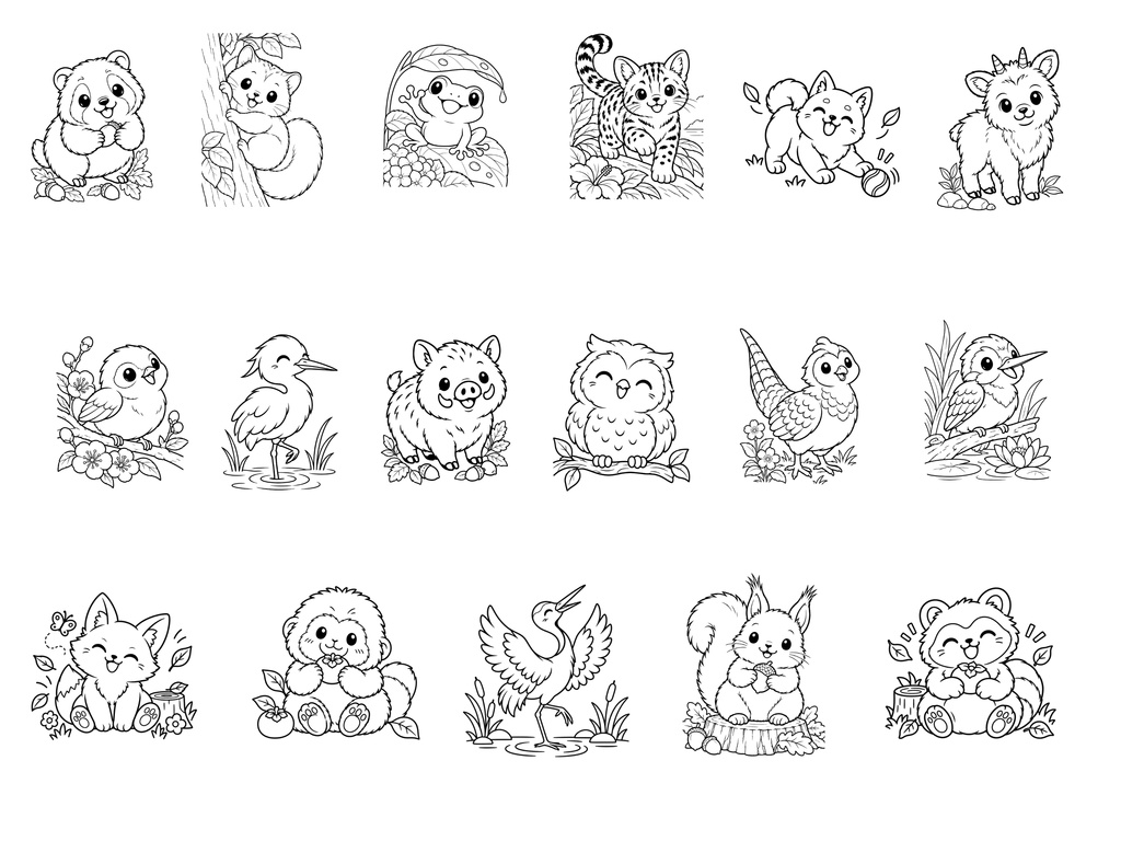 Japanese Animal Coloring Pages, 24 Printable Coloring Sheets for Kids, Cute Wildlife, Digital Download