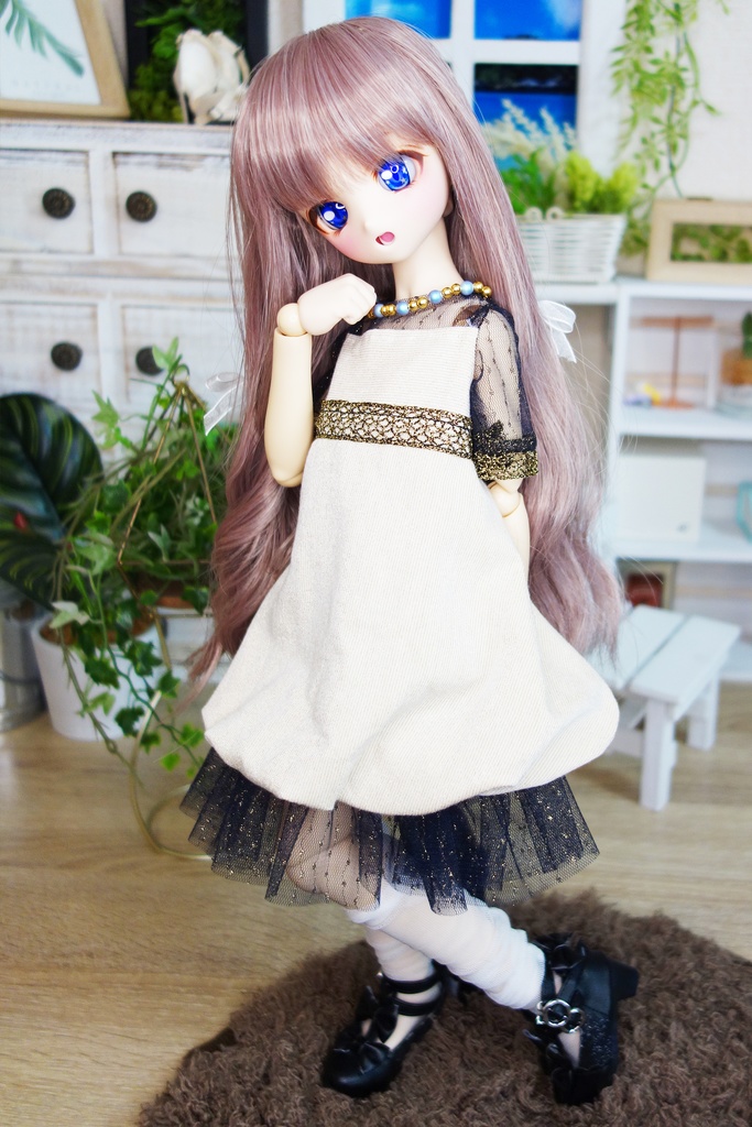 MDDバルーンワンピ＆エプロンセット アイボリー/ネイビー