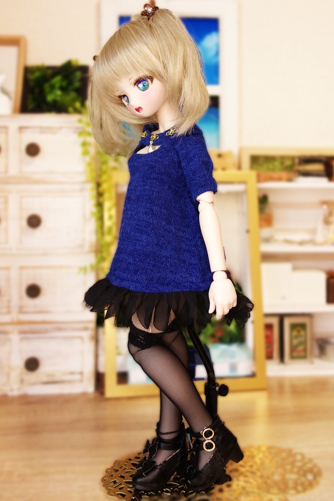 MDDデコルテカットブルーニットワンピ