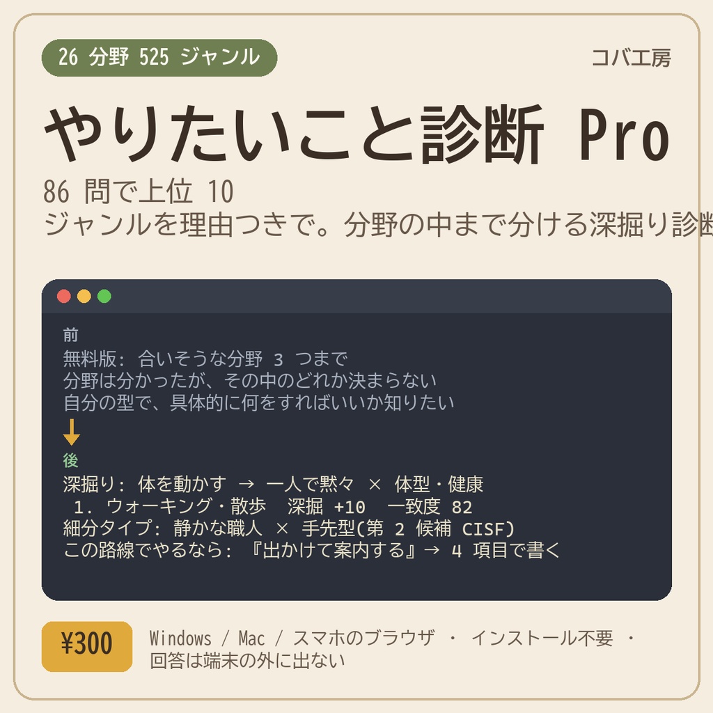 やりたいこと診断 Pro - 86 問で、525 ジャンルから「合いそうな順」上位 10 を理由・最初の一歩つきで。分野の中まで分ける深掘り診断・16 タイプ・需要のある路線 2 本(無趣味・ターゲット迷子の人へ)