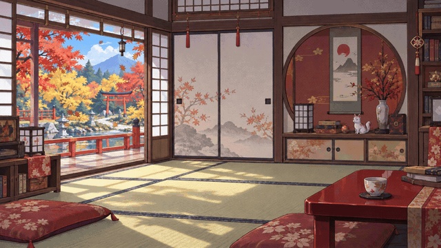 【動く配信背景】狐の社の畳部屋|昼夜セット・OBS用・商用利用可