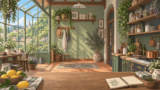 【動く配信背景】薬草温室の魔女キッチン|昼夜セット・OBS用・商用利用可