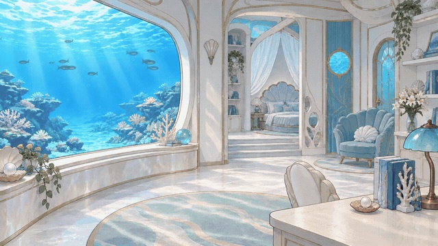 【動く配信背景】真珠色の海底ホテル|昼夜セット・OBS用・商用利用可