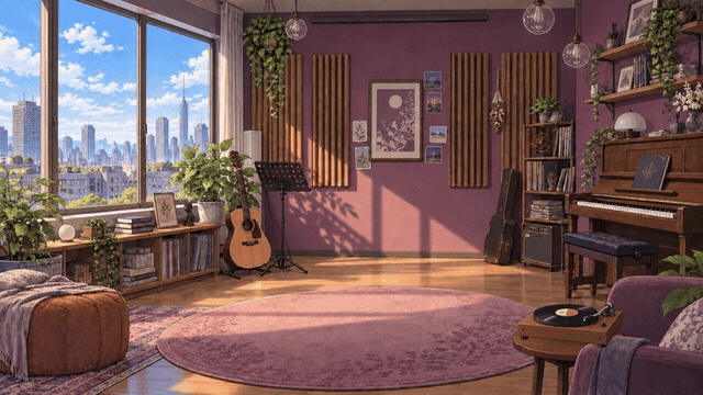 【動く配信背景】屋上のプライベート音楽室|昼夜セット・OBS用・商用利用可