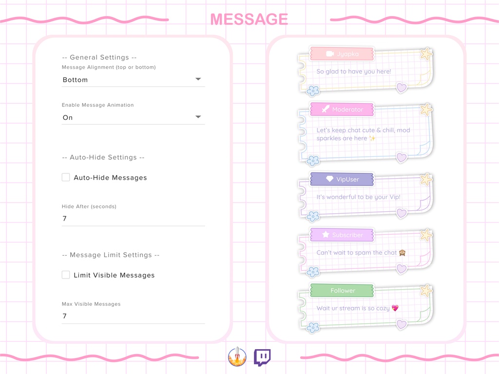 Sweet Candy Twitch Chat Widget: Pastel Animated Overlay with Different Role Colors & Custom Alerts