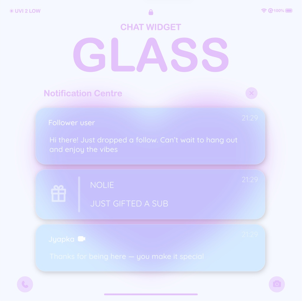 Glass Twitch Chat Widget: Pastel Kawaii Notification Overlay with Custom Alerts And Minimalist Style