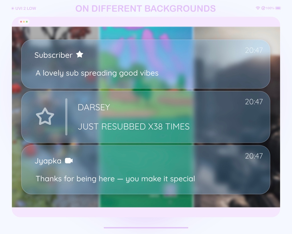 Glass Twitch Chat Widget: Pastel Kawaii Notification Overlay with Custom Alerts And Minimalist Style