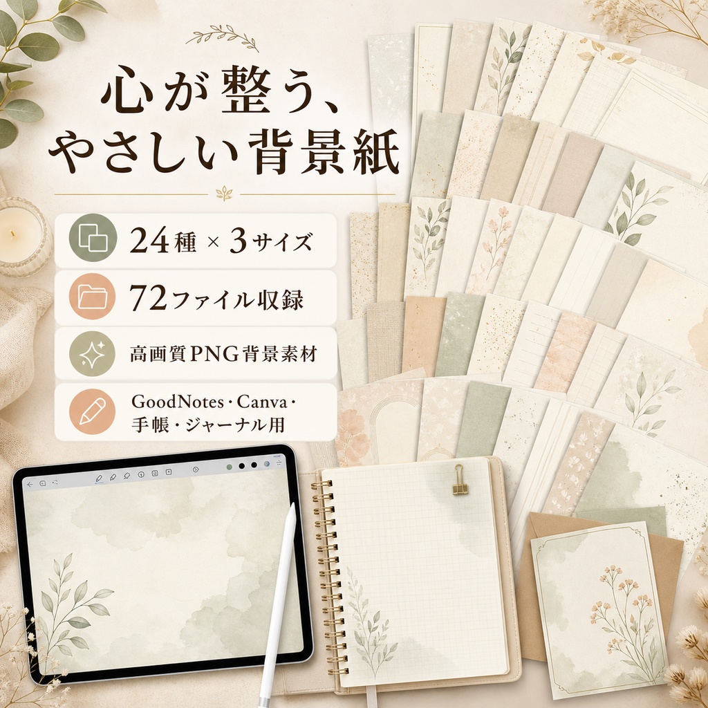 【24種×3サイズ】心が整う、やさしい背景紙72ファイルセット｜高画質PNG背景素材｜GoodNotes・Canva・A4印刷対応