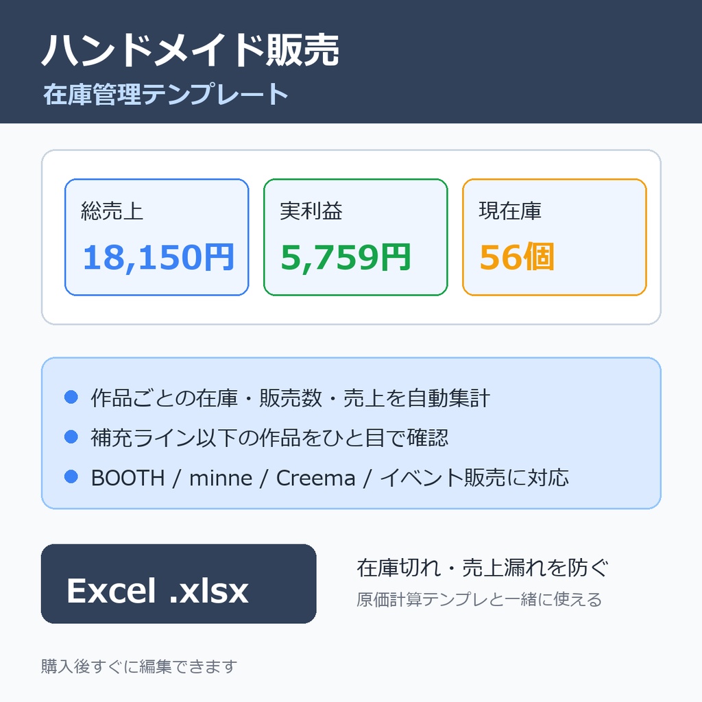 ハンドメイド販売・在庫管理テンプレート｜在庫数と売上を自動集計