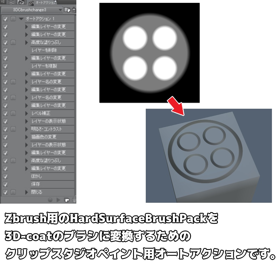 3d Coatでzbrushのhard Surface Brush Packを使えるようにするクリスタ用オートアクション Jeneの売り物 Booth