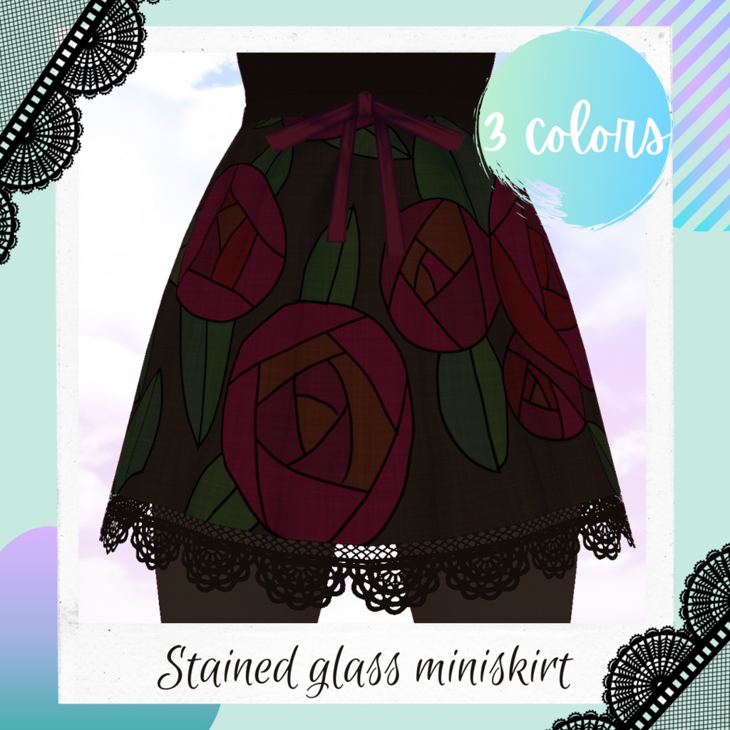[Free/無料] VRoid rose stained glass mini skirt texture - 3 colors / Texture de jupe à motif vitrail fleuri pour VRoid / 薔薇ステンドグラスミニスカートテクスチャー