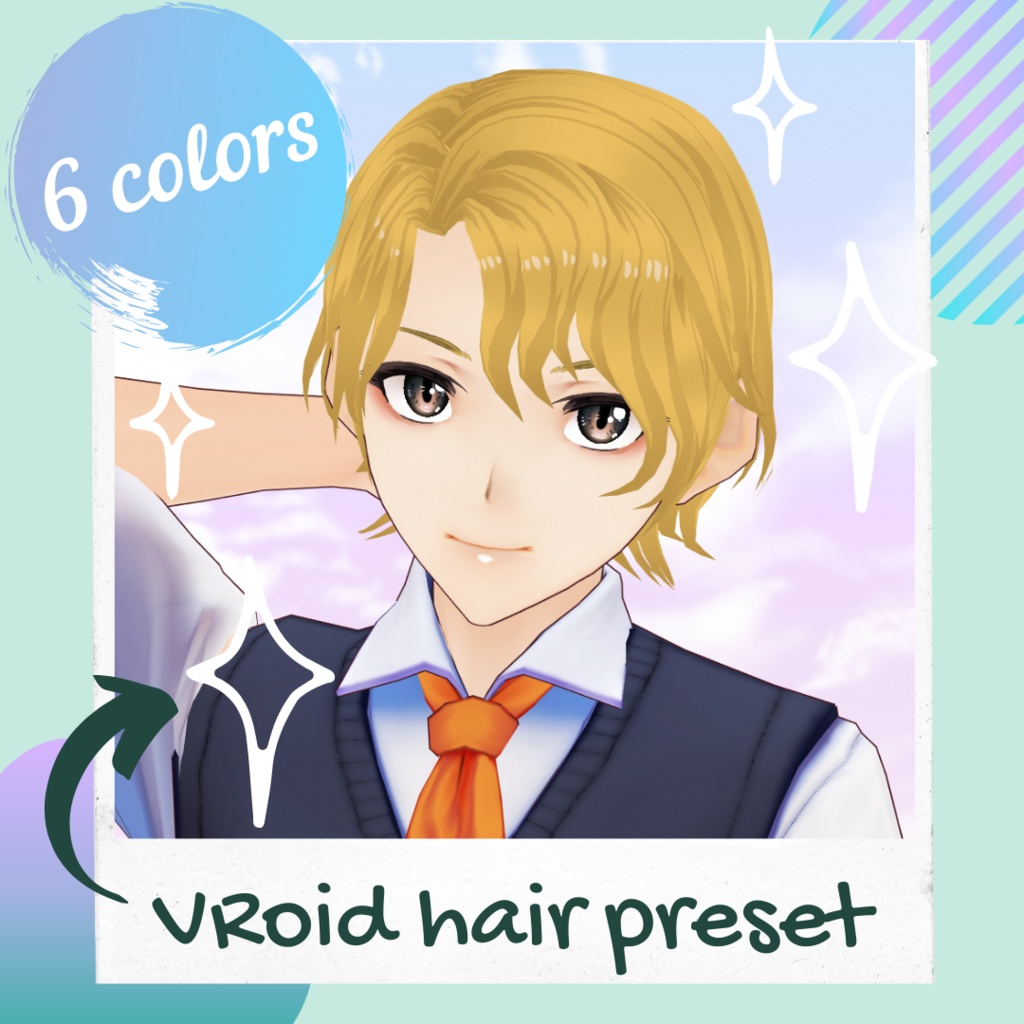 VRoid Hair Preset + 6 cell shaded colors set - Male short wavy hair / Coupe de cheveux masculine ondulée pour VRoid + 6 couleurs dans un style cell shading /ショート ウェービー男性ヘアー髪プリセット+6色テクスチャーセット