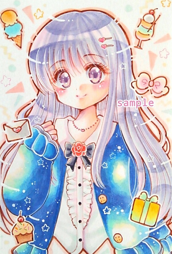 手描きイラスト 原画 オリジナル 女の子 ハガキサイズ White Peach Booth