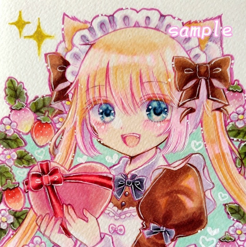 手描きイラスト＊原画＊オリジナル＊猫耳メイド＊ハガキサイズ