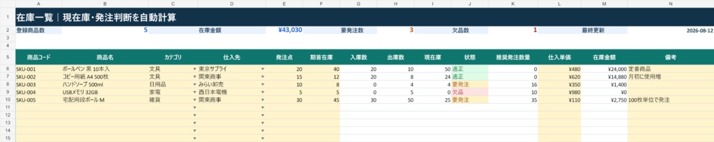 在庫・発注管理テンプレート|現在庫・欠品・発注数量をExcelで自動計算