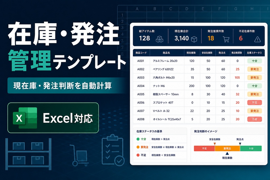 在庫・発注管理テンプレート|現在庫・欠品・発注数量をExcelで自動計算