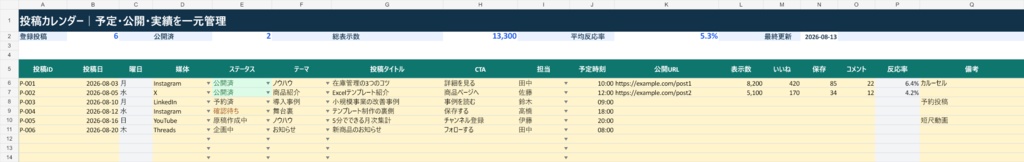 SNS投稿カレンダー・原稿管理テンプレート|投稿予定・原稿・反応率を一元管理【Excel対応】