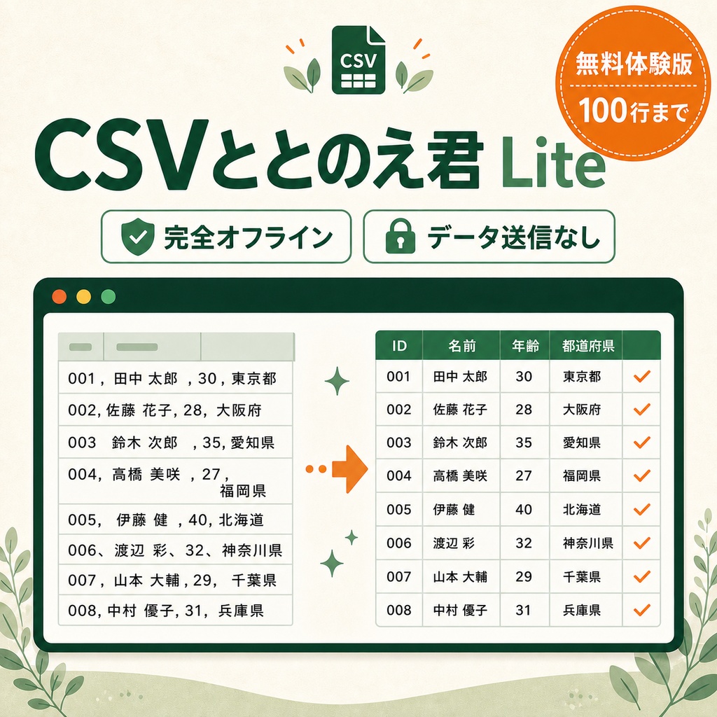 【無料】CSVととのえ君 Lite｜100行まで空白・表記ゆれ・重複を完全オフライン整理