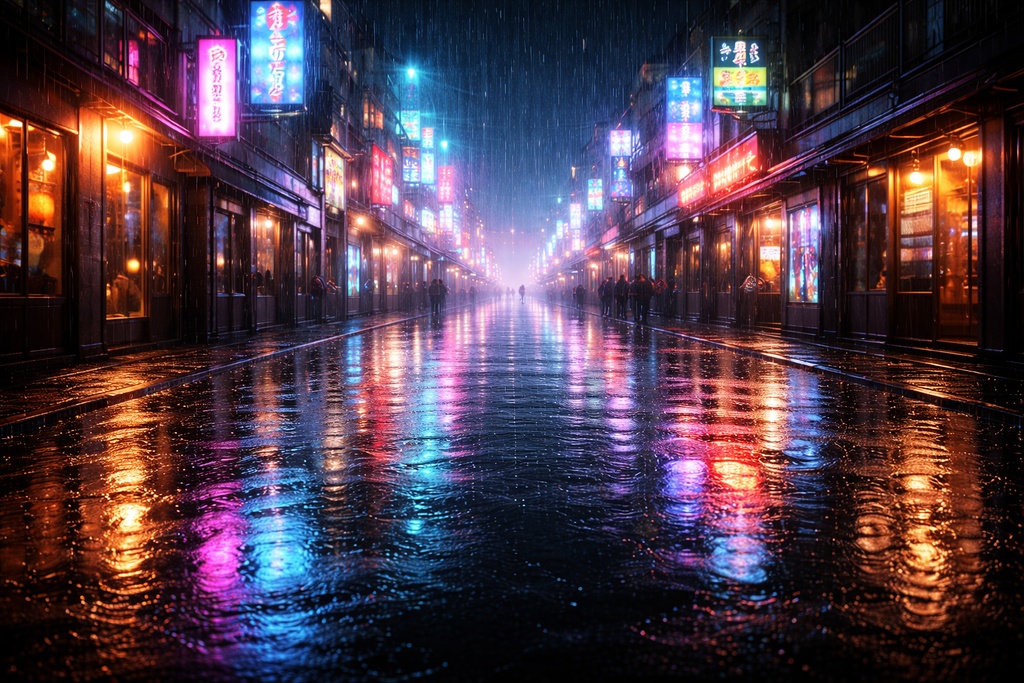 雨とネオン街