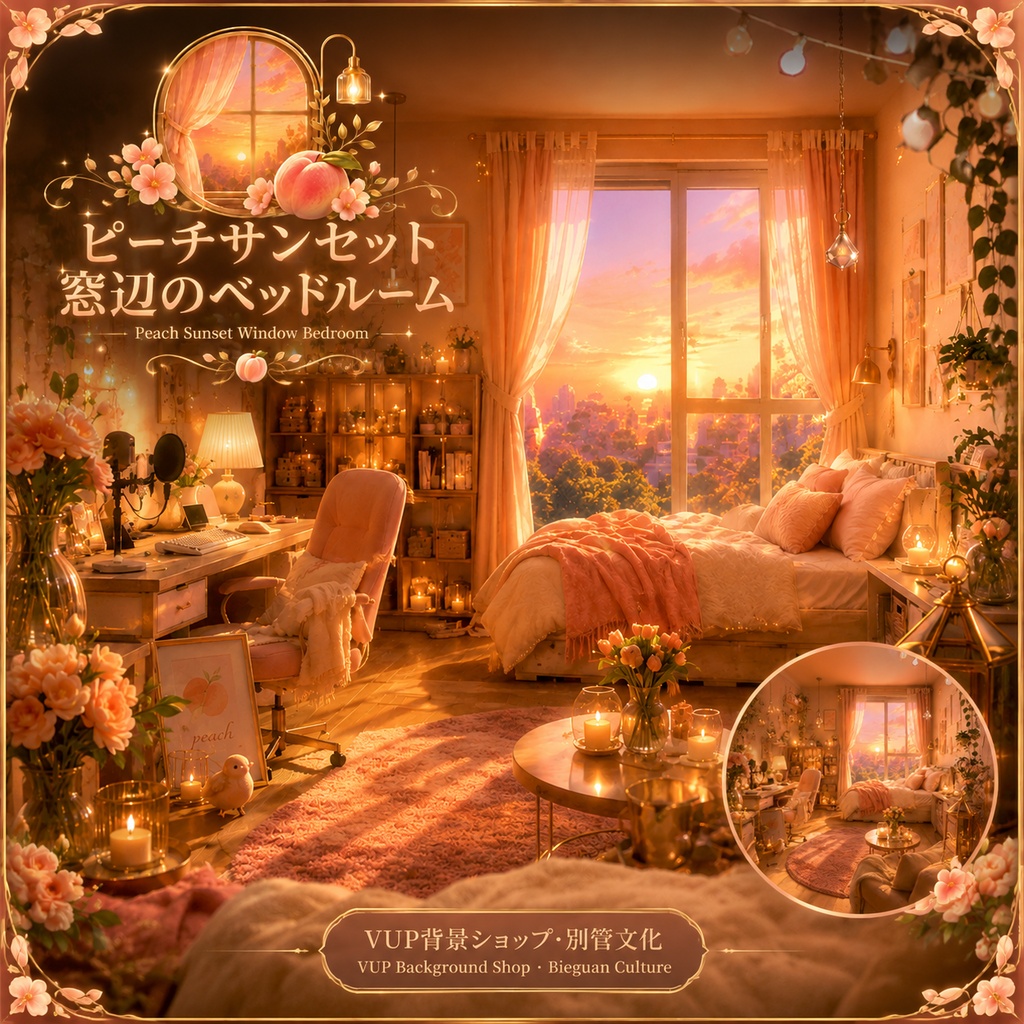 🍑〖背景素材〗ピーチサンセット窓辺のベッドルーム｜VTuber配信背景素材 / 夕焼け・暖色・癒し系 / 横画面・縦画面 / 動画背景・前景・UI・Shoostフィルター / Peach Sunset Window Bedroom