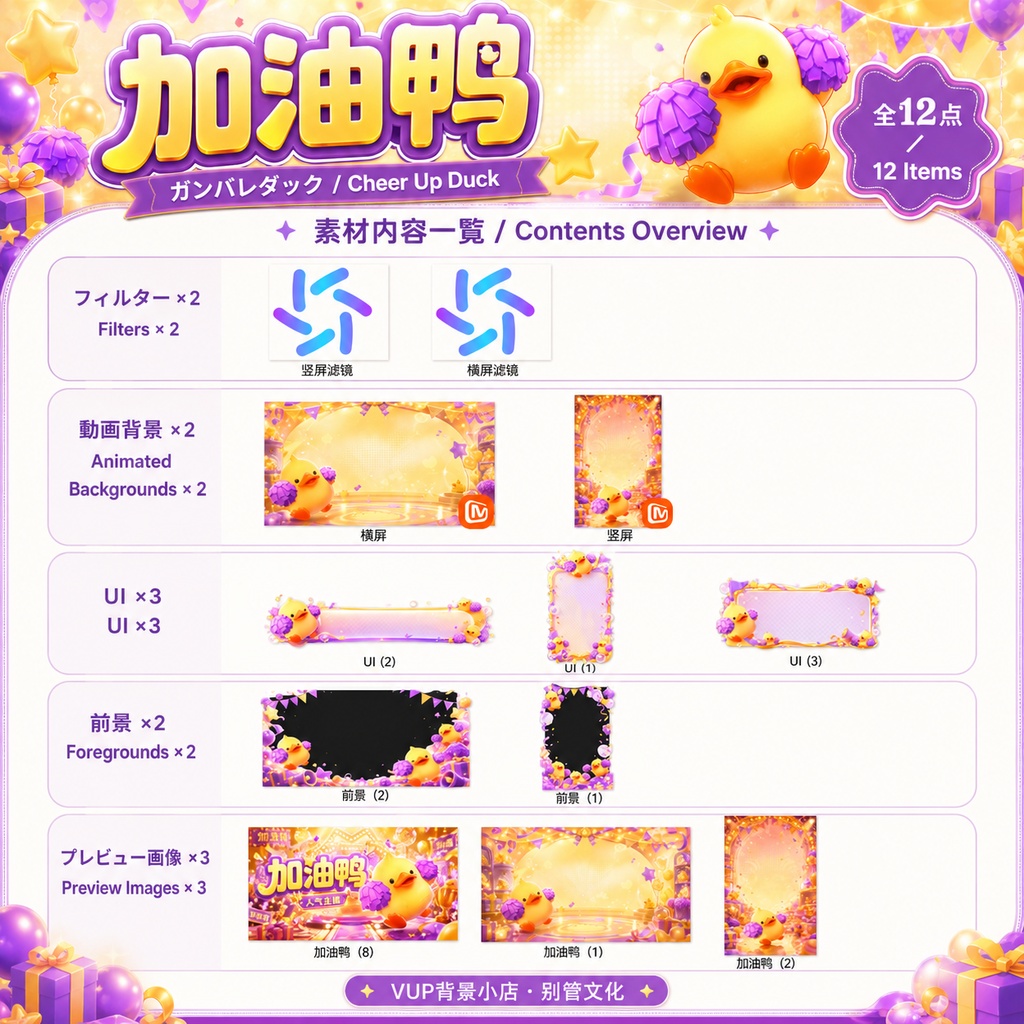 〖配信背景素材〗がんばれダック|VTuber配信背景素材 / 応援・チア・ひよこ・お祝いパーティー / 動く背景 / 横画面・縦画面 / 前景・Shoostフィルター・UI / Cheer Up Duck