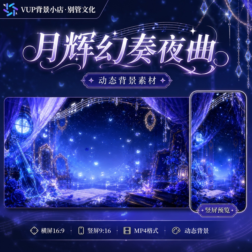 〖背景素材〗月輝幻奏夜曲|VTuber配信背景素材 / 月夜・音楽・幻想ステージ / 横画面・縦画面 / 動く背景・前景・UIフレーム・Shoostフィルター / Moonlit Fantasy Nocturne