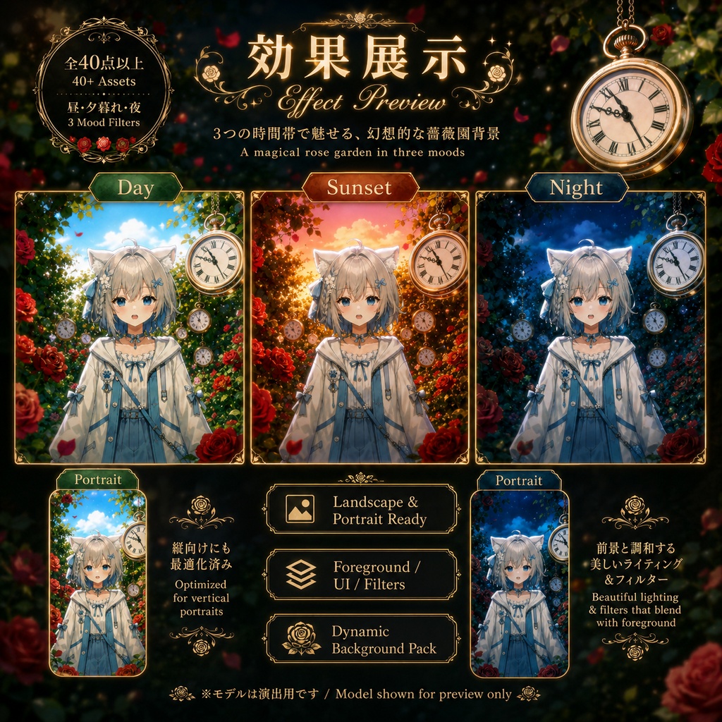 〖配信背景素材〗時境薔薇|VTuber配信背景 / 薔薇園・懐中時計・昼夕夜 / 横画面・縦画面 / 前景・UI・Shoostフィルター・VFX / Chrono Rose