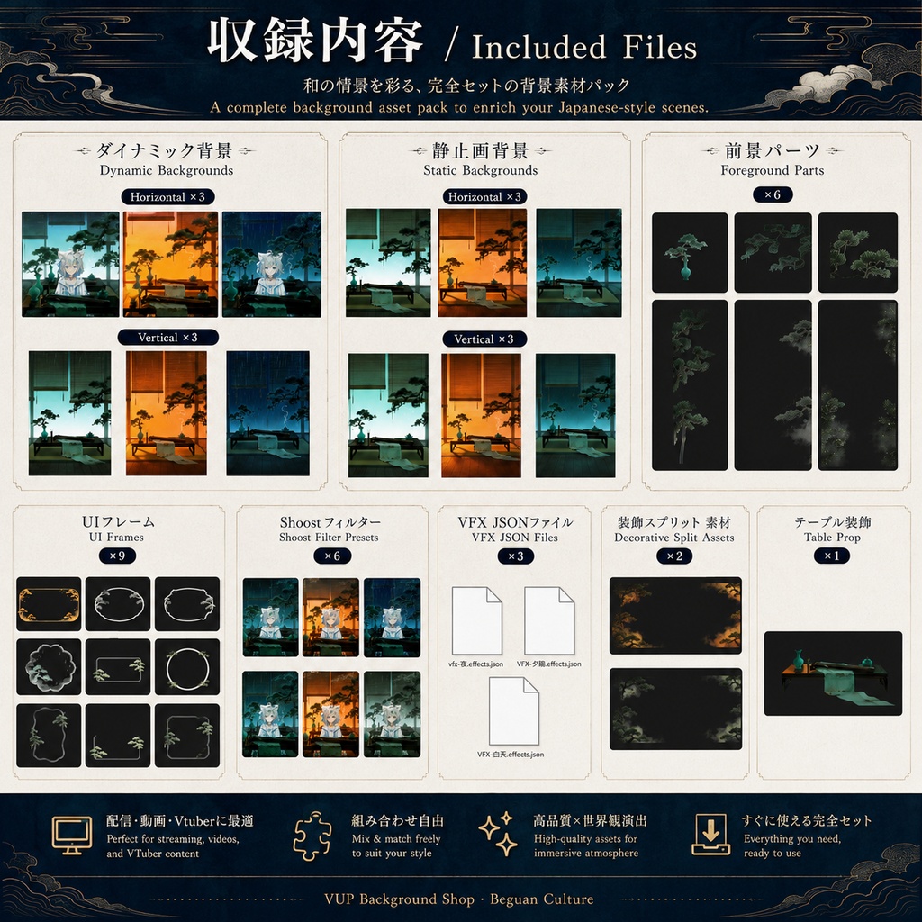 〖配信背景素材〗松窓琴境|VTuber配信背景 / 松・古琴・東洋幻想 / 昼・夕暮れ・雨夜 / 横画面・縦画面 / 前景・UI・Shoostフィルター・VFX / Pine Window Guqin Retreat