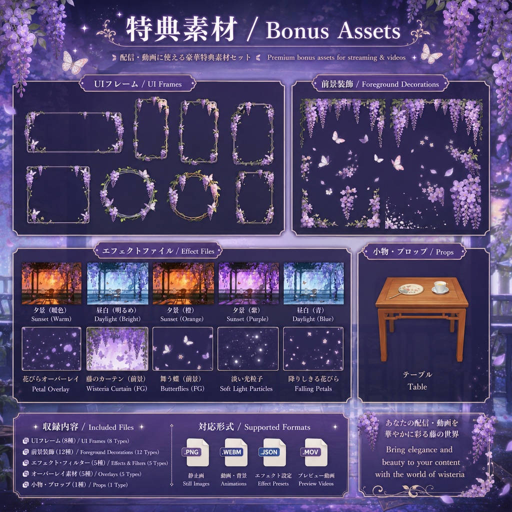 〖背景素材〗紫藤小院|VTuber配信背景素材 / 藤の庭・蝶・雪景色 / 横画面・縦画面 / 動画・静止画 / 前景・UIフレーム・Shoostフィルター / Wisteria Courtyard