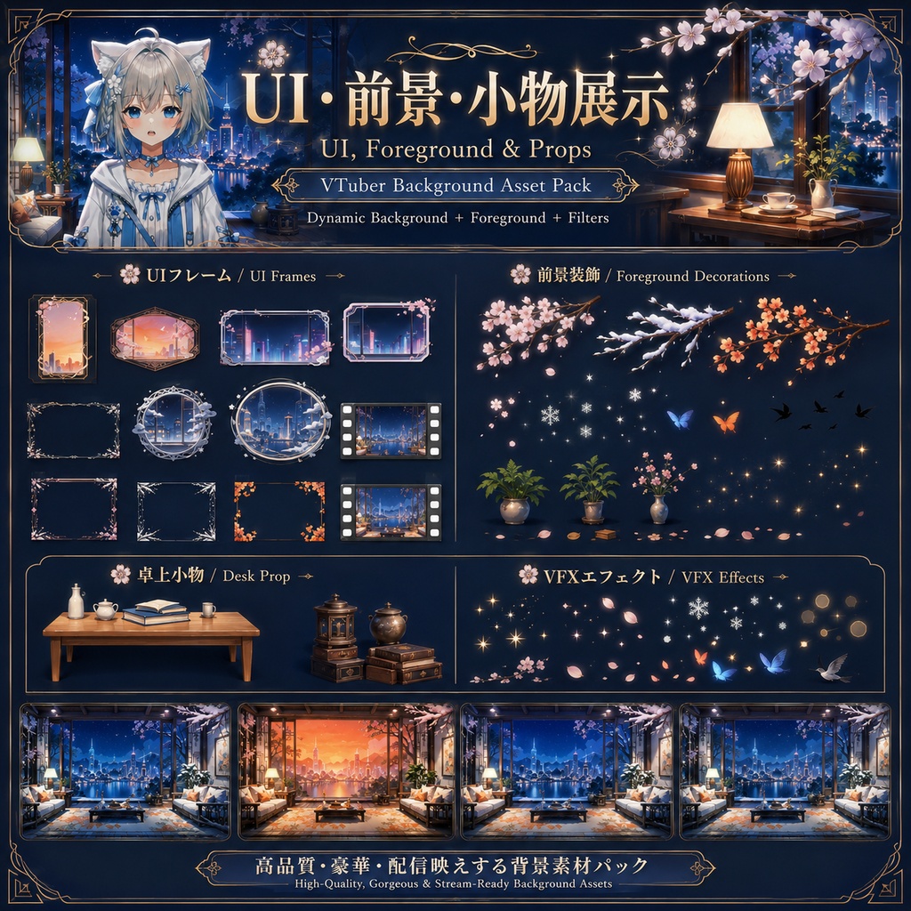 〖背景素材〗新中式江景リビング|VTuber配信背景素材 / 新中式・都市夜景・リバーサイド / 横画面・縦画面 / 動画・静止画 / 前景・UIフレーム・Shoostフィルター / Neo-Chinese Riverside Living Room