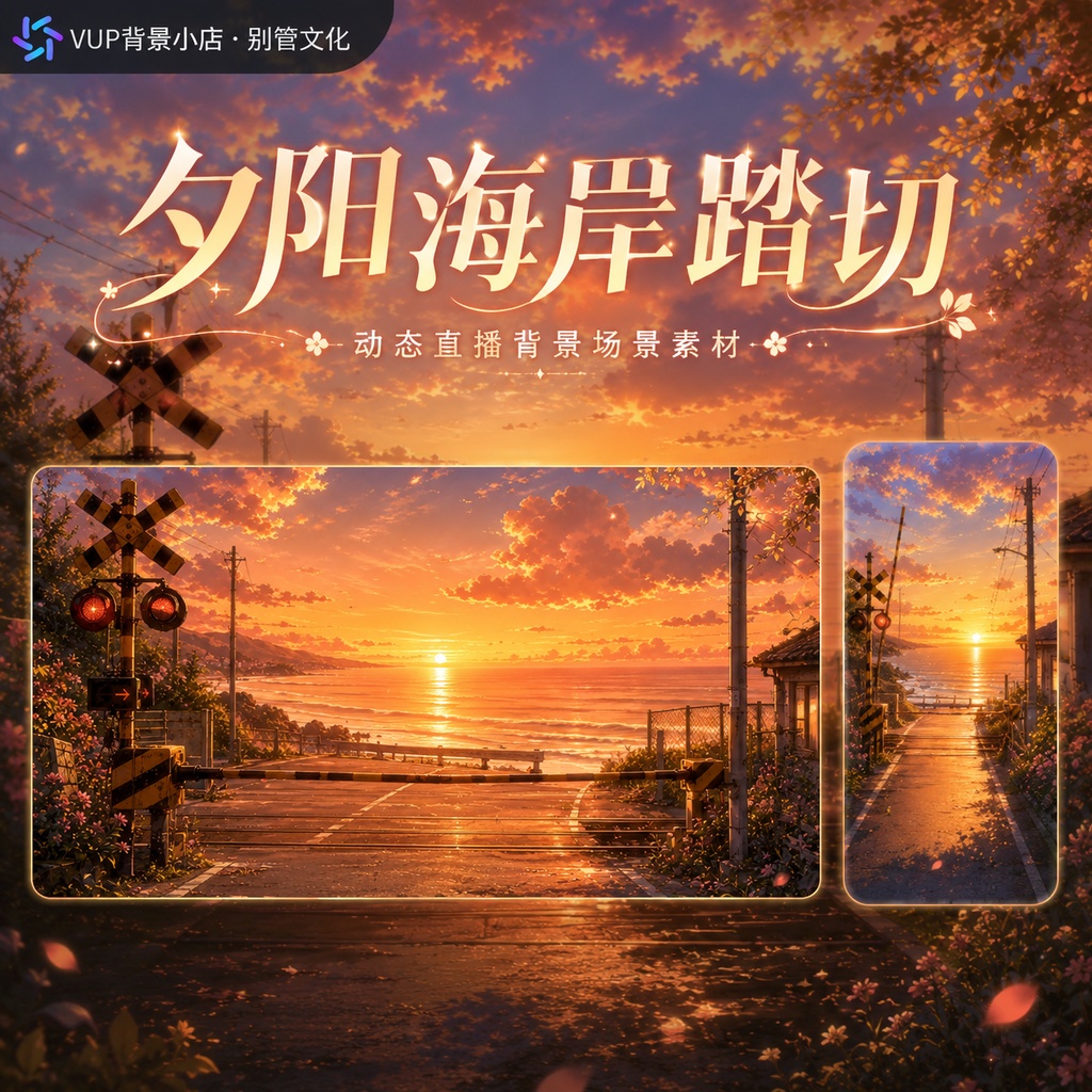 🌅【動く背景素材】〖夕陽海岸踏切〗｜VTuber配信背景素材 / 海辺・踏切・夕焼け / 横画面・縦画面 / 動画背景 ✦ 前景 ✦ UI ✦ Shoostフィルター / Sunset Coast Crossing