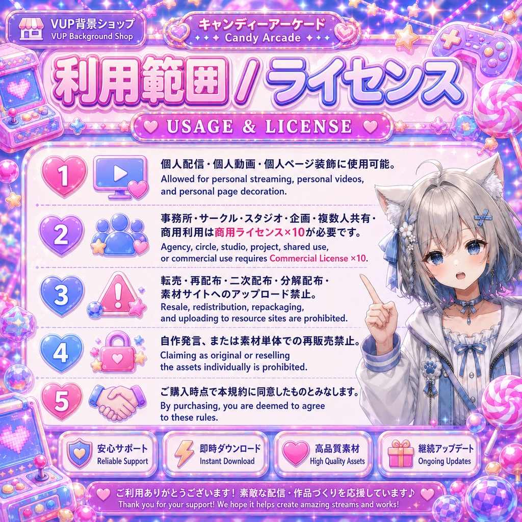 🍬【動く背景素材】〖背景素材〗キャンディーアーケード|VTuber配信背景素材 / パステルゲームセンター / 横画面・縦画面 / 動画背景 ✦ 前景 ✦ UI ✦ Shoostフィルター / Candy Arcade