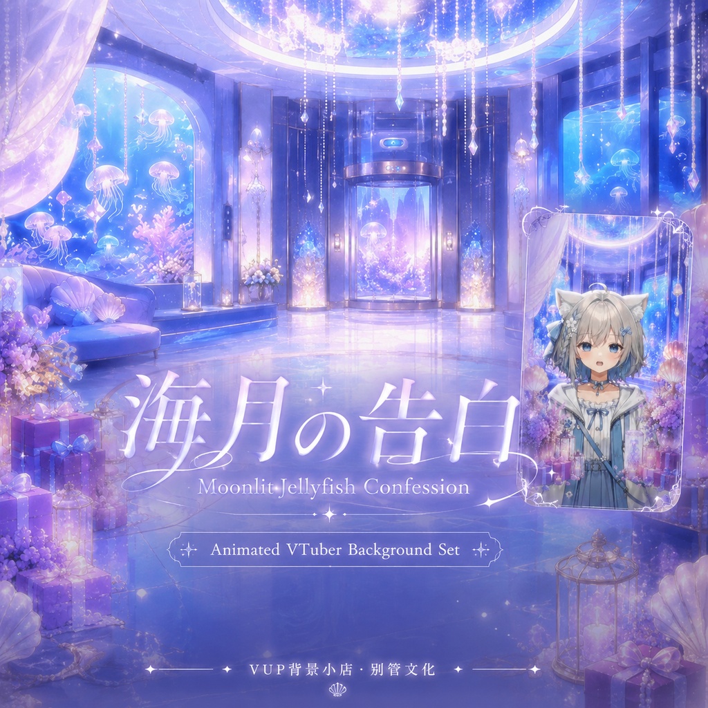 🪼【動く背景素材】〖海月の告白〗幻想的なクラゲ宮殿|VTuber配信背景素材|横画面・縦画面|前景・UI・Shoostフィルター|Moonlit Jellyfish Confession