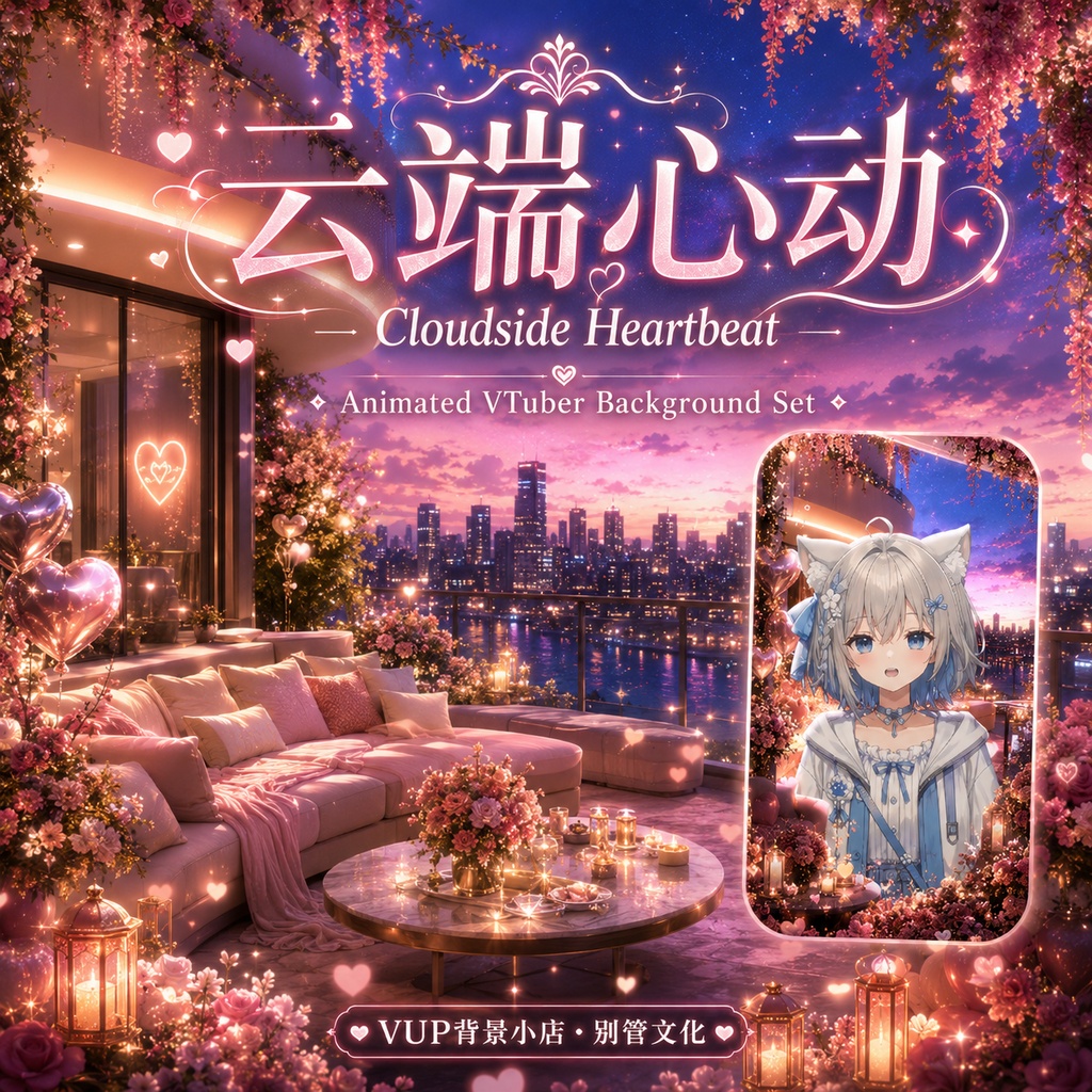 💗【動く背景素材】〖雲上のときめき〗ロマンチックな夕暮れ都市テラス|VTuber配信背景|横画面・縦画面|前景・UI・Shoostフィルター|Cloudside Heartbeat