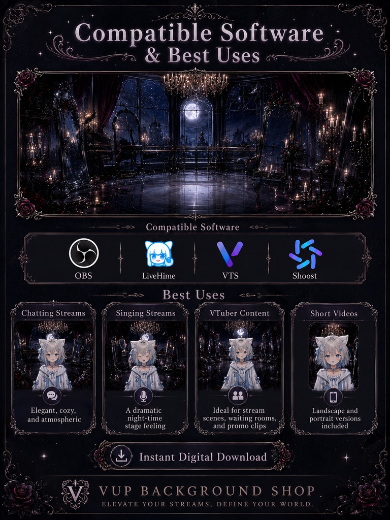 🖤【動く背景素材】〖黒天鵝月鏡庁〗VTuber配信背景|ゴシック月夜・黒鳥・鏡のホール|横画面・縦画面|前景・UI・Shoostフィルター|Black Swan Moon Mirror Hall