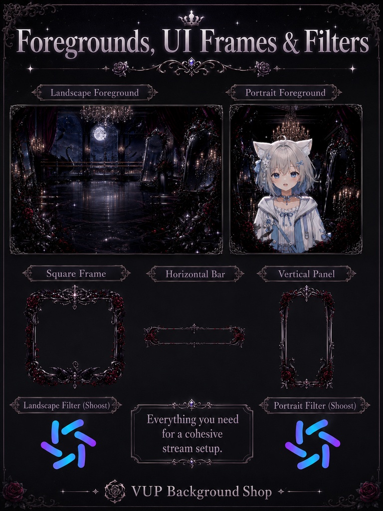 🖤【動く背景素材】〖黒天鵝月鏡庁〗VTuber配信背景|ゴシック月夜・黒鳥・鏡のホール|横画面・縦画面|前景・UI・Shoostフィルター|Black Swan Moon Mirror Hall