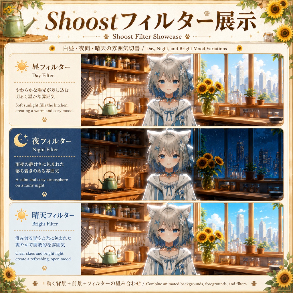 【動く背景・縦横対応】食光厨房|向日葵キッチン VUP・VTuber配信用背景素材セット【前景・UI・Shoostフィルター付き】